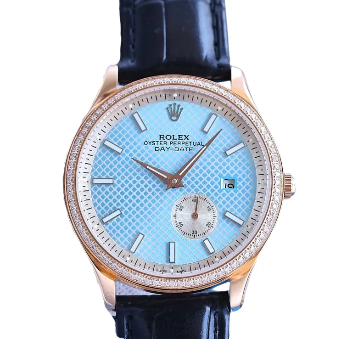 Behold the exquisite Rolex Day Date Ice Blue Dial timepiece, featuring dazzling diamonds, a true symbol of style.