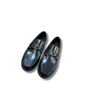 Stylish Black Leather LV Major Loafers with a sleek buckle detail, perfect for any formal occasion.