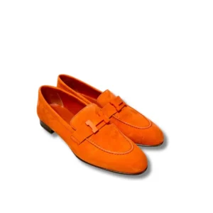 A stylish pair of Hermes Paris Loafers with a chic buckle, perfect for adding a pop of color to any outfit!