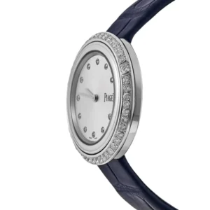 A stunning women's Piaget Silver watch with sparkling diamond accents on the face, adding a touch of elegance.