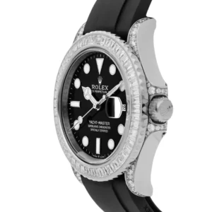 Stunning Rolex Yacht Master 40mm watch with black dial and diamond-encrusted bezel.