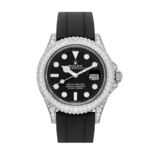 Stunning Rolex Yacht Master 40mm watch with black dial and diamond-encrusted bezel.