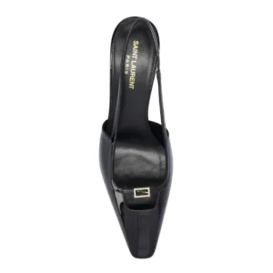 Elegant black women's YSL Blade Slingback pumps adorned with a glamorous gold buckle, ideal for special events or parties.