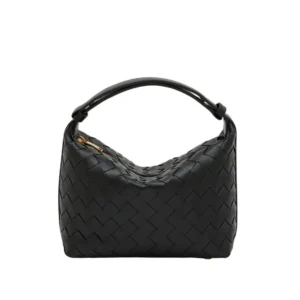Elegant black woven leather Mini Wallace Bag featuring a shiny gold zipper, perfect for any outfit.