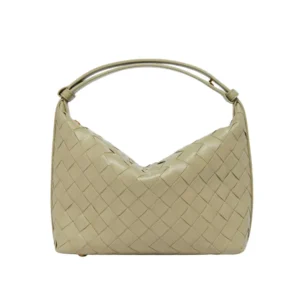 Elegant Beige woven leather Mini Wallace Bag featuring a shiny gold zipper, perfect for any outfit.