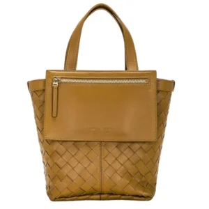 Tan Leather Bottega Veneta Small Flip Flap bag featuring a unique woven pattern, ideal for everyday use.